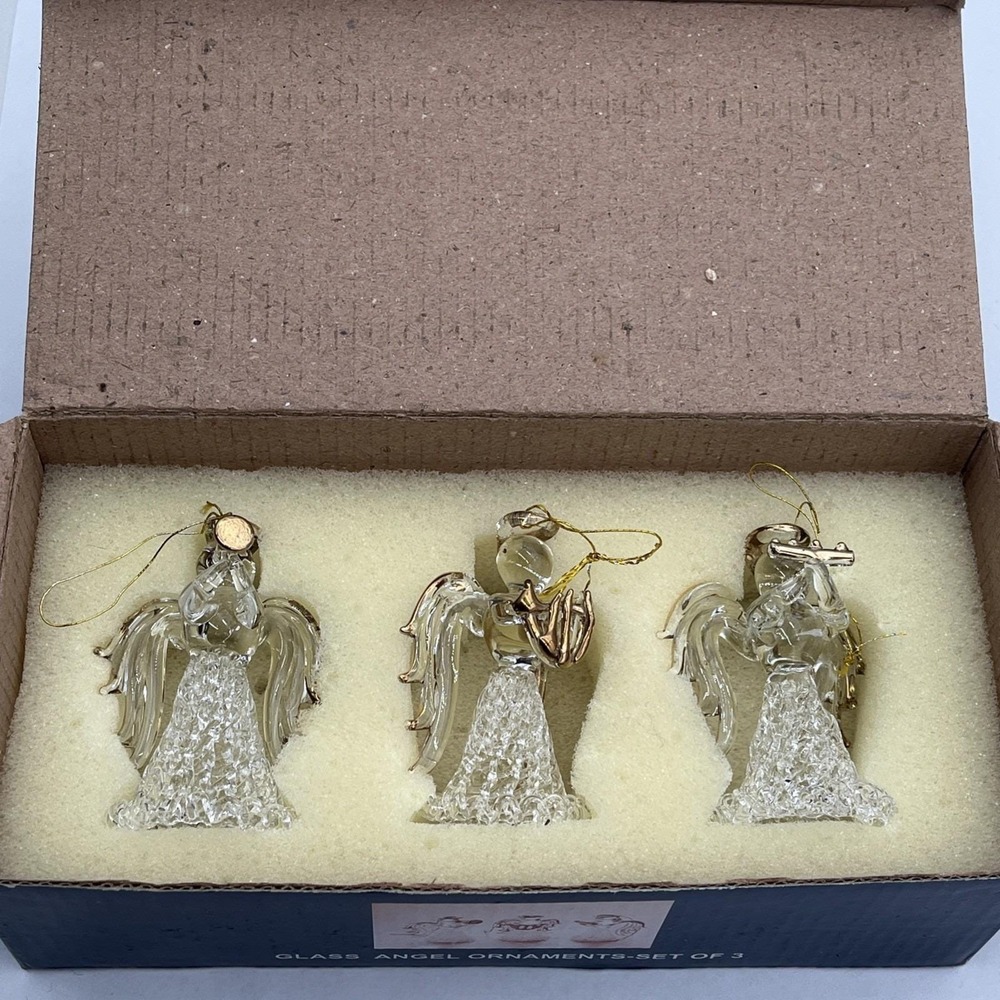New in Box VTG Hand Blown Spun Glass Angel Christmas Ornaments Gold Trim